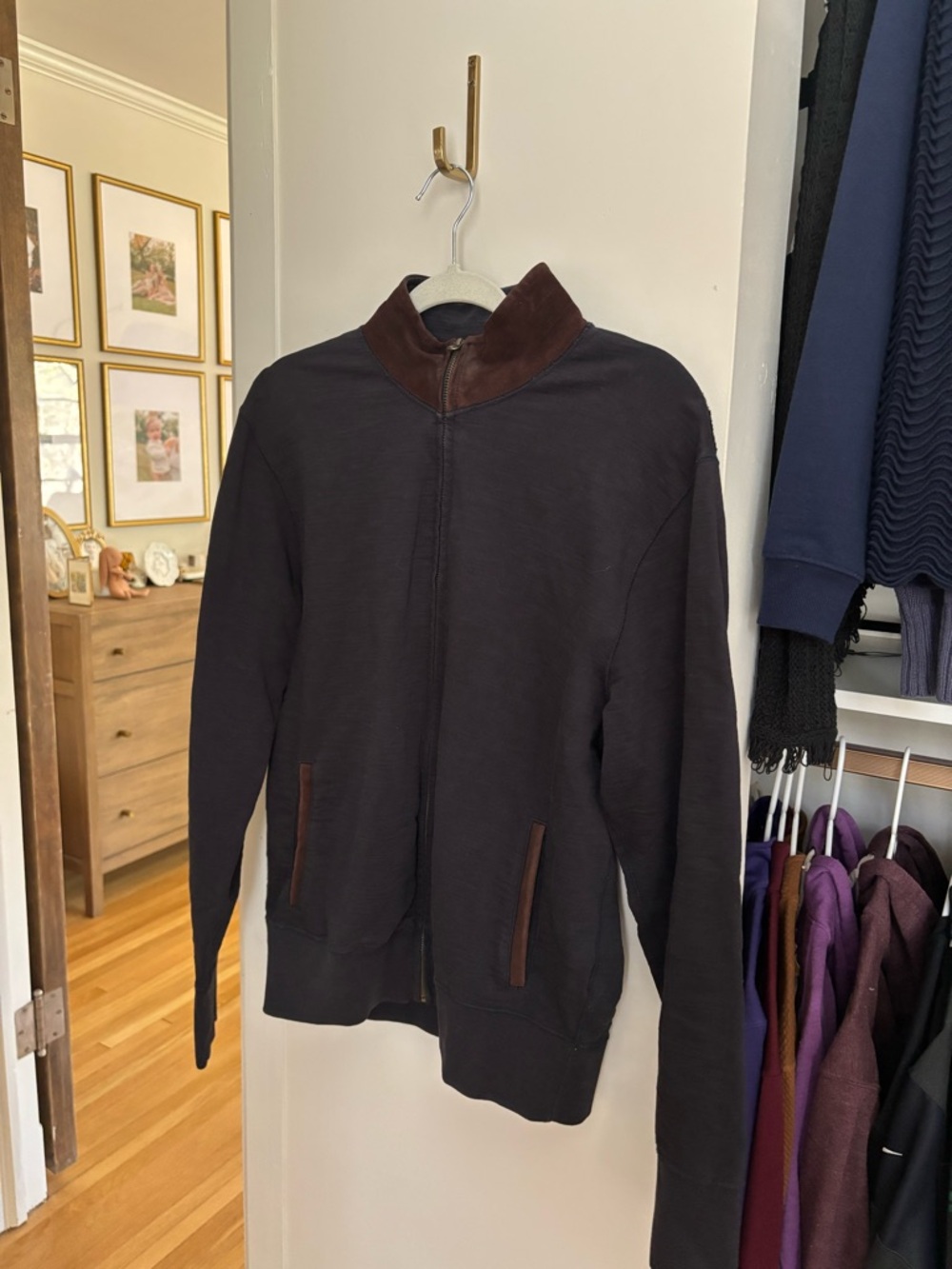Billy Reid Dark Brown Zip-Up Sweater Jacket with Contrasting Collar